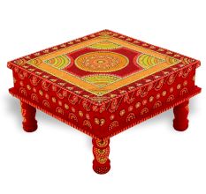 Handicraft Wooden Chourang Pooja Chowki Red and Yellow