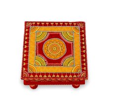 Handicraft Wooden Chourang Pooja Chowki Red and Yellow