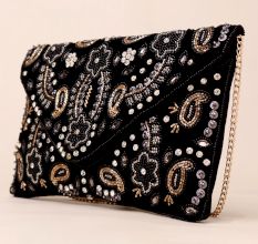 Midnight Paisley Beaded Velvet Clutch with Gold Chain Strap