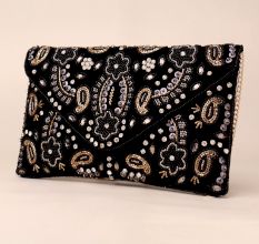 Midnight Paisley Beaded Velvet Clutch with Gold Chain Strap