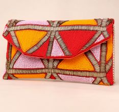 Sunburst Mosaic Hand-Beaded Envelope Clutch with Chain Strap