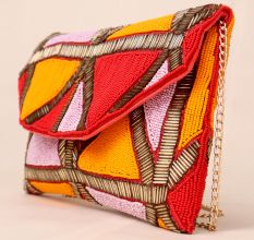 Sunburst Mosaic Hand-Beaded Envelope Clutch with Chain Strap
