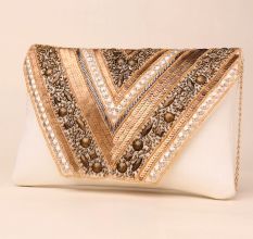 Golden Mirage Hand-Embroidered Party Clutch with Chain Strap
