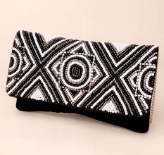 Midnight Monochrome Hand-Beaded Geometric Clutch with Chain Strap