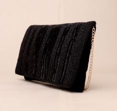 Noir Elegance Chevron Beaded Clutch with Chain Strap