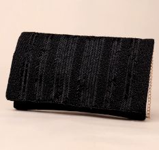 Noir Elegance Chevron Beaded Clutch with Chain Strap