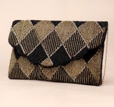 Golden Lattice Evening Clutch with Detachable Chain Strap