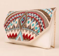 Boho Radiance Hand-Beaded Clutch with Tribal Motif and Chain Strap