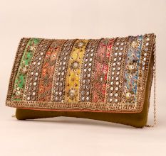 Regal Radiance Multicolor Embroidered Clutch with Mirror Work & Chain Strap