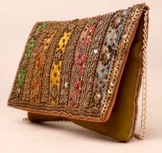 Regal Radiance Multicolor Embroidered Clutch with Mirror Work & Chain Strap