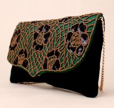 Royal Garden Hand-Beaded Velvet Clutch with Chain Strap