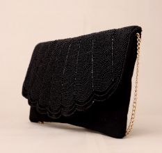 Noir Elegance Chevron Beaded Clutch with Chain Strap