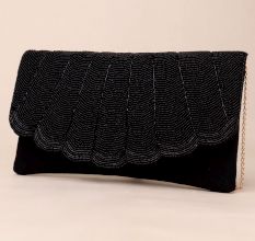 Noir Elegance Chevron Beaded Clutch with Chain Strap