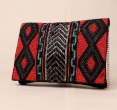 Tribal Rhythm Hand-Beaded Statement Clutch with Gold Chain Strap