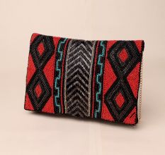 Tribal Rhythm Hand-Beaded Statement Clutch with Gold Chain Strap