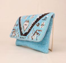 Boho Spirit Hand-Beaded Clutch with Tribal Motifs and Chain Strap
