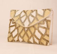Golden Gleam Hand-Beaded Envelope Clutch with Chain Strap