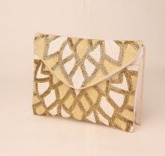 Golden Gleam Hand-Beaded Envelope Clutch with Chain Strap