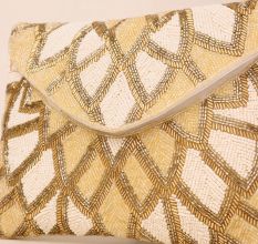 Golden Gleam Hand-Beaded Envelope Clutch with Chain Strap