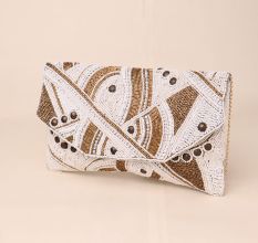 Golden Hand-Beaded Envelope Clutch with Chain Strap