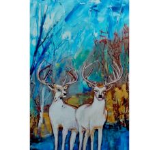 Magnificent Acrylic Painting of Two White Stags in a Jungle by Artist Dr. Maya Subramoni 30 x 20 Inches