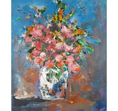 Flower Vase Still Life Knife Canvas Painting by Artist Dr. Maya Subramoni 24 x 20 Inches