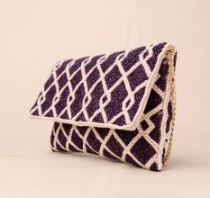Midnight Lattice Hand-Beaded Clutch with Detachable Chain Strap