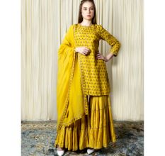 Yellow Short kurta with Tiered Sharara Set