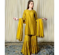 Yellow Short kurta with Tiered Sharara Set