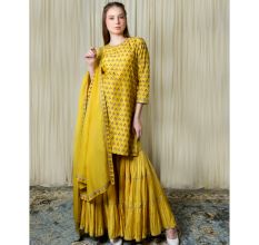 Yellow Short kurta with Tiered Sharara Set