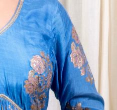 Blue Gathered Anarkali Set with Hand Embroidery