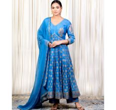 Blue Gathered Anarkali Set with Hand Embroidery