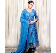 Blue Gathered Anarkali Set with Hand Embroidery