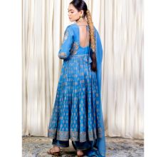 Blue Gathered Anarkali Set with Hand Embroidery
