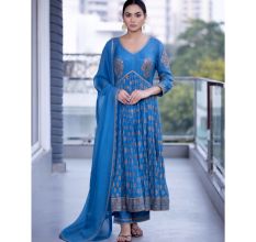 Blue Gathered Anarkali Set with Hand Embroidery