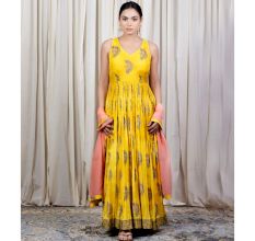 Yellow Gathered Anarkali Set with Hand Embroidery