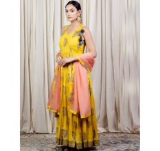 Yellow Gathered Anarkali Set with Hand Embroidery