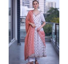 White Gathered Anarkali Set with Hand Embroidery