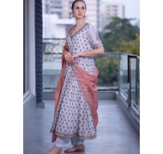 White Gathered Anarkali Set with Hand Embroidery