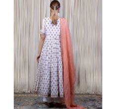 White Gathered Anarkali Set with Hand Embroidery