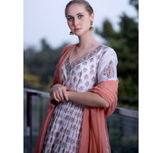 White Gathered Anarkali Set with Hand Embroidery