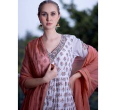 White Gathered Anarkali Set with Hand Embroidery