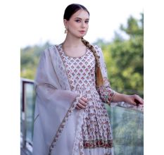 White Gathered Anarkali Set