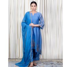 Blue A line Kurta Set with Hand Embroidery
