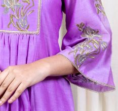 Purple Gathered Kurta Set with Hand Embroidery