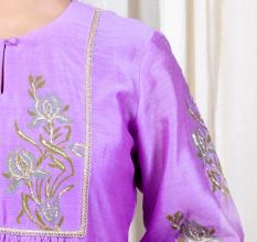 Purple Gathered Kurta Set with Hand Embroidery