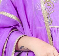 Purple Gathered Kurta Set with Hand Embroidery