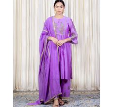 Purple Gathered Kurta Set with Hand Embroidery