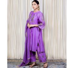 Purple Gathered Kurta Set with Hand Embroidery