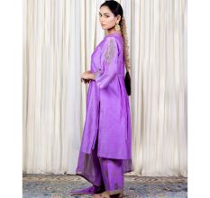 Purple Gathered Kurta Set with Hand Embroidery
